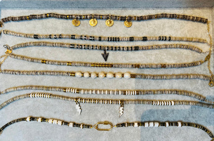Ania Shell Puka w White Lightning Bolts Hematites AN-010
