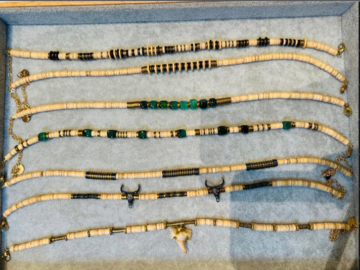 CREAM PUKA W/ SHARK TOOTH ANND HEMATITE RONDELS PA-007